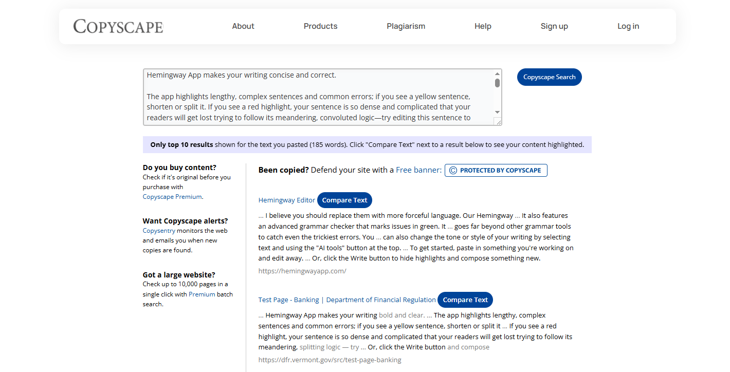 screenshot showing copyscape text comparison