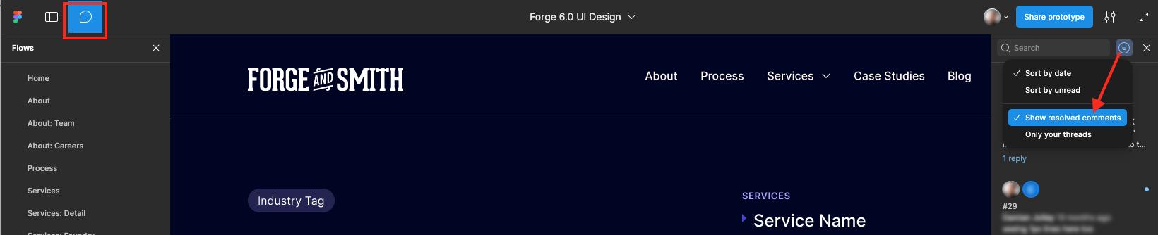 screenshot showing where to see resolved comments in figma