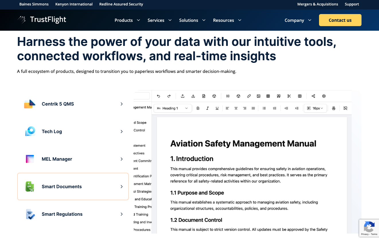 interactive product features block on trustflight website