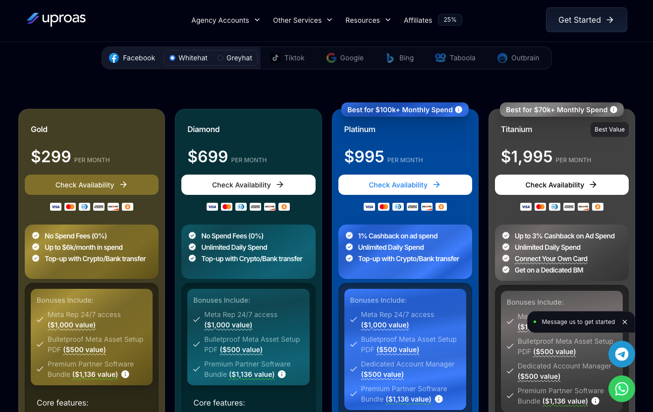 4 pricing tiers from the Uproas homepage