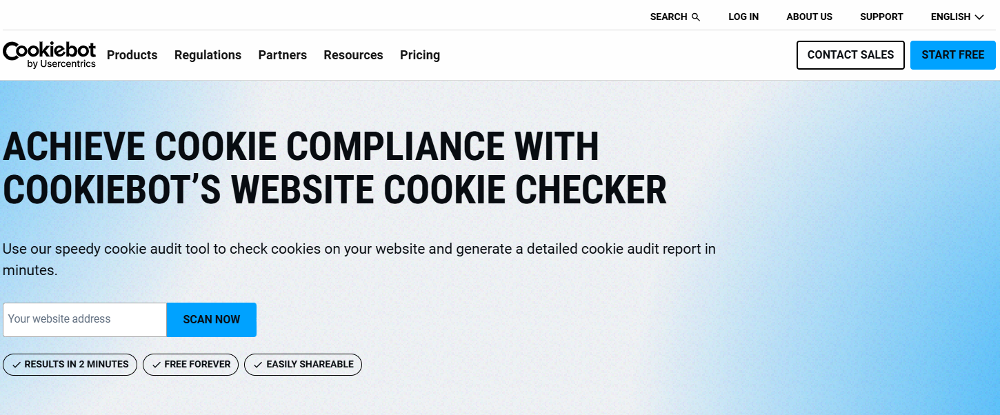 The cookiebot homepage with a prompt to scan your site