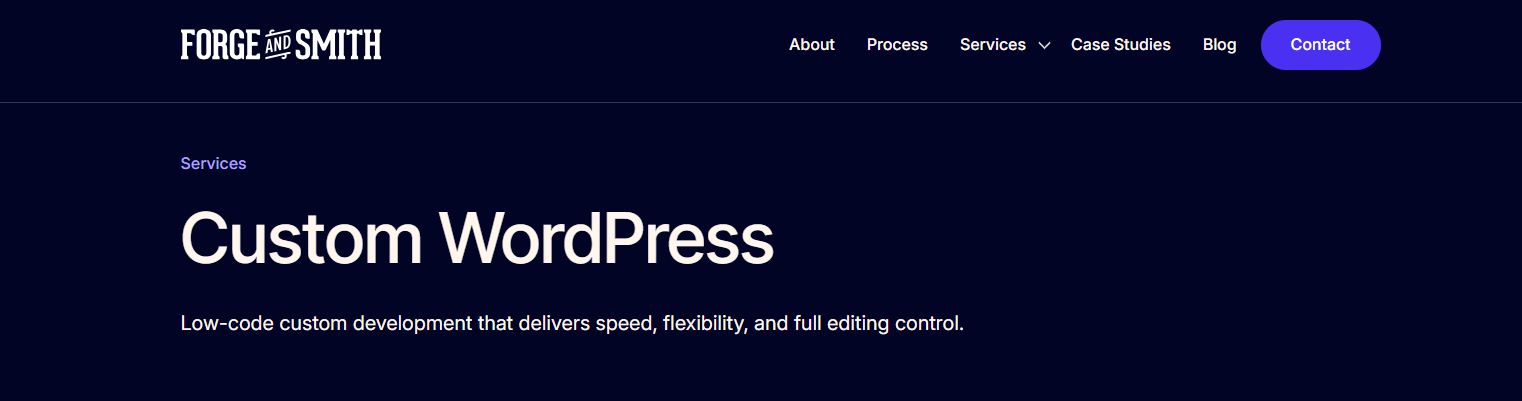 the forge and smith custom wordpress development page