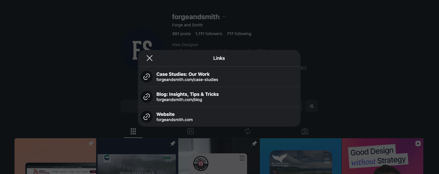 the forge and smith instagram account with a pop-up window showing its three featured links