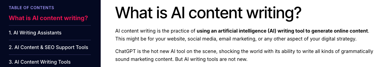 screenshot showing a Forge and Smith blog post with a clear heading, "What is AI content writing?"