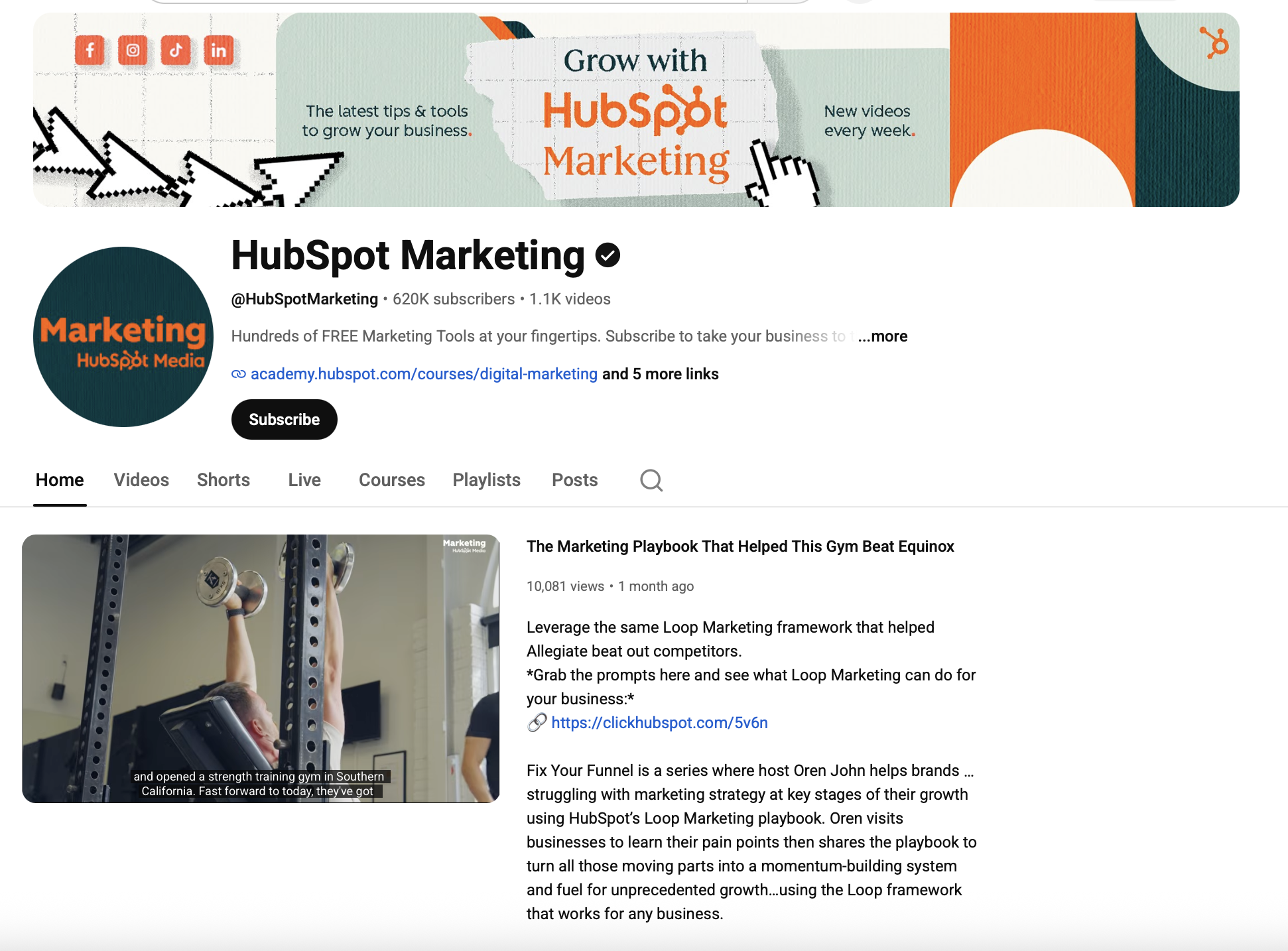 Hubspot's YouTube channel page, showing their consistent branding