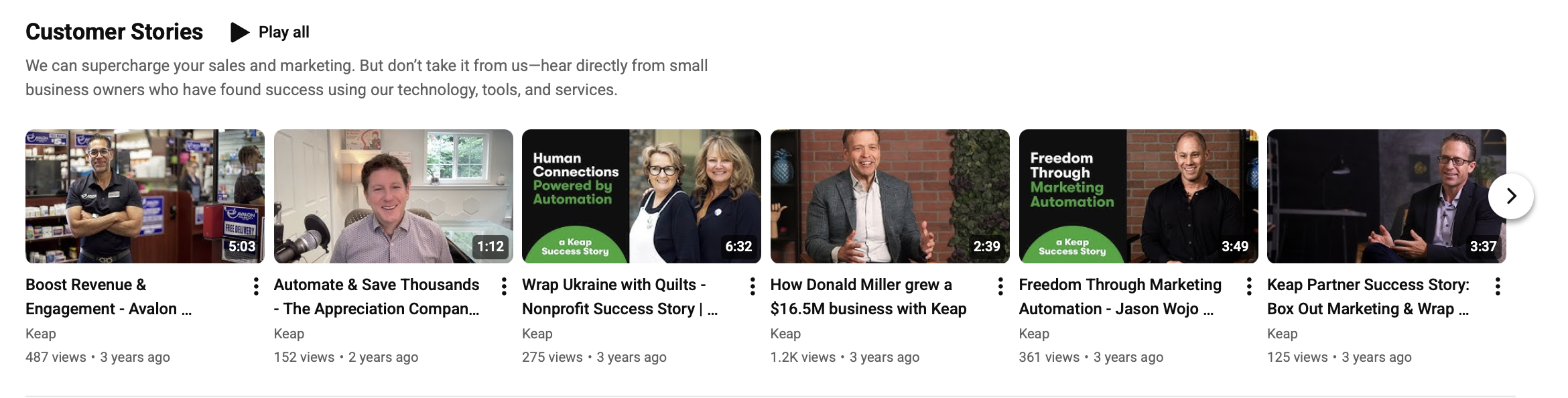 the keap youtube channel, showing its customer story playlist