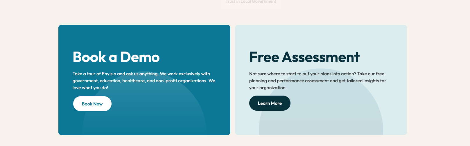 a dual CTA block at the bottom of Envisio's service pages, with callouts to book a demo or get a free assessment