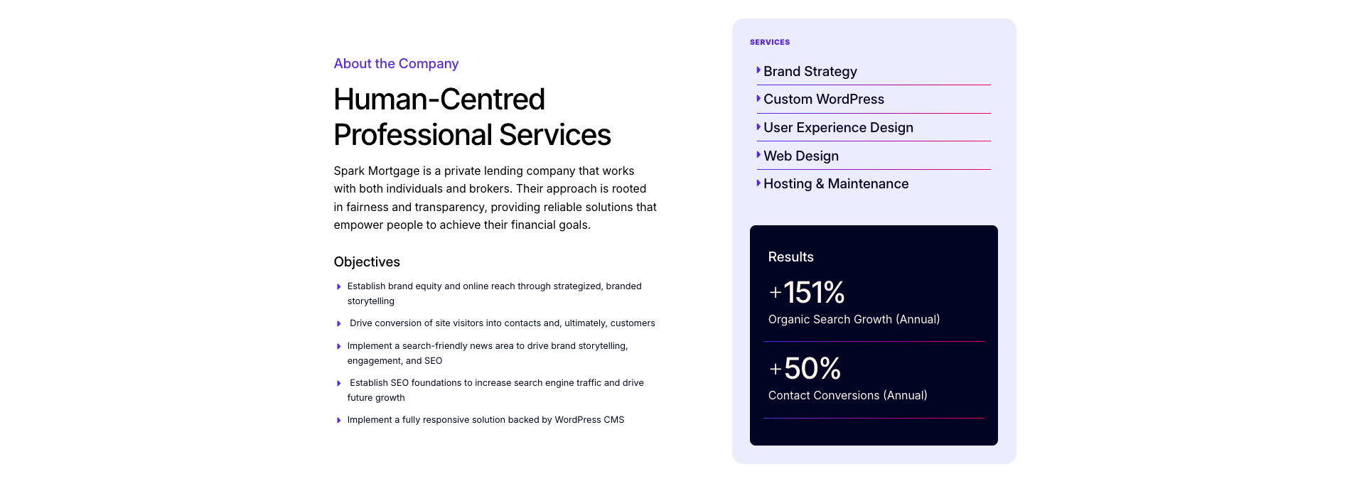 the upper section of a Forge and Smith case study, showing branded colours and typography that align with the homepage