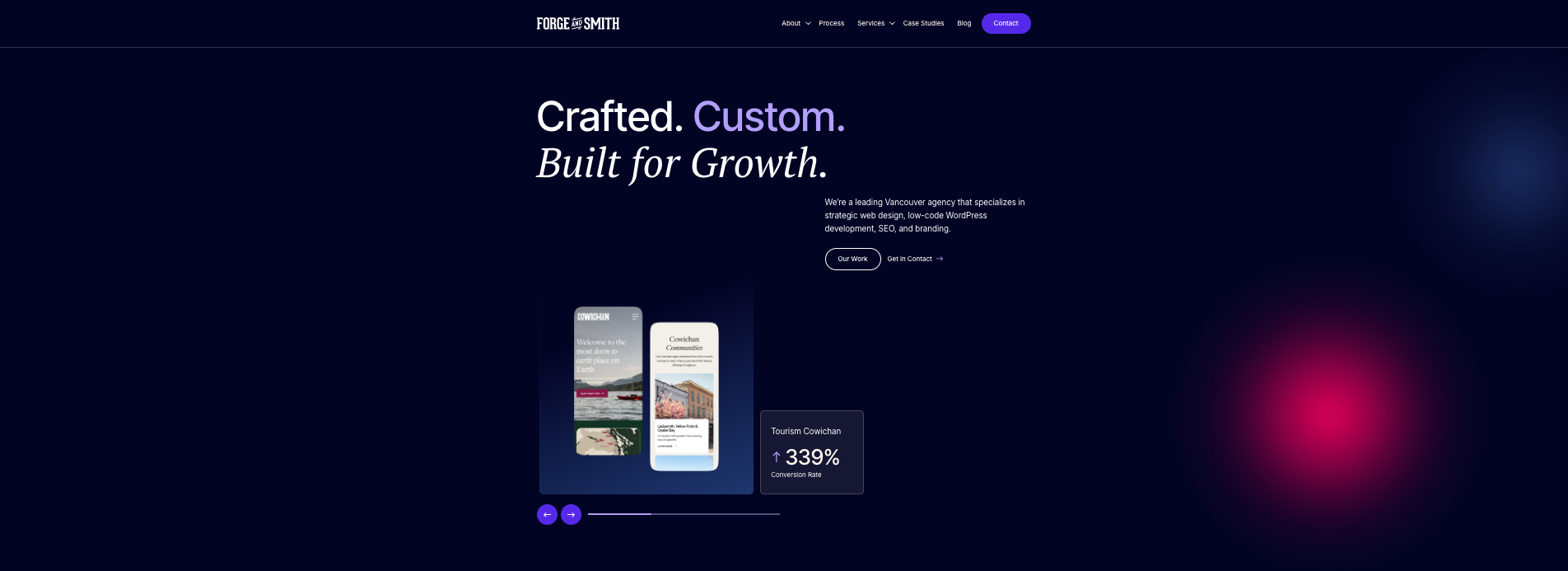 the upper section of the Forge and Smith homepage, showing branded colours and typography