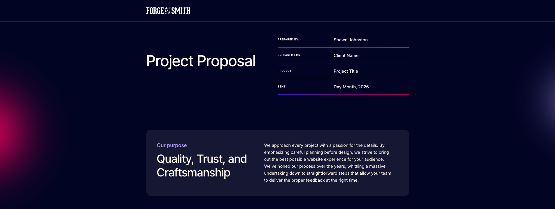 the upper section of a Forge and Smith proposal, showing the same branded colours and typography as the homepage
