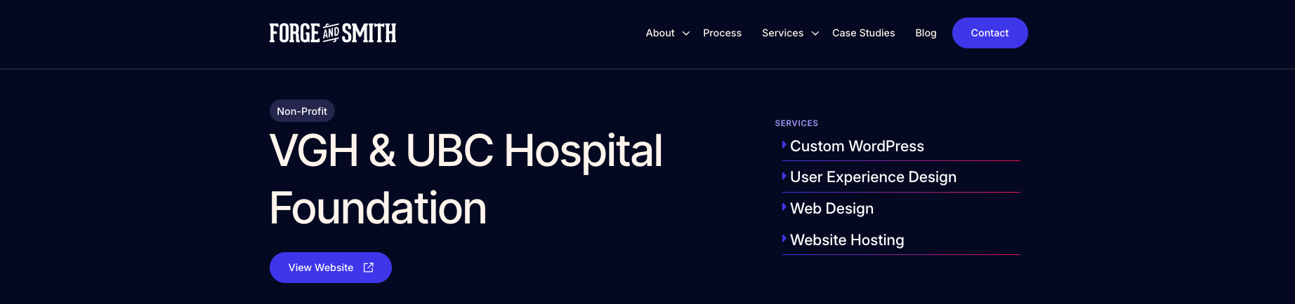 the header of a forge and smith case study, which links to related service pages