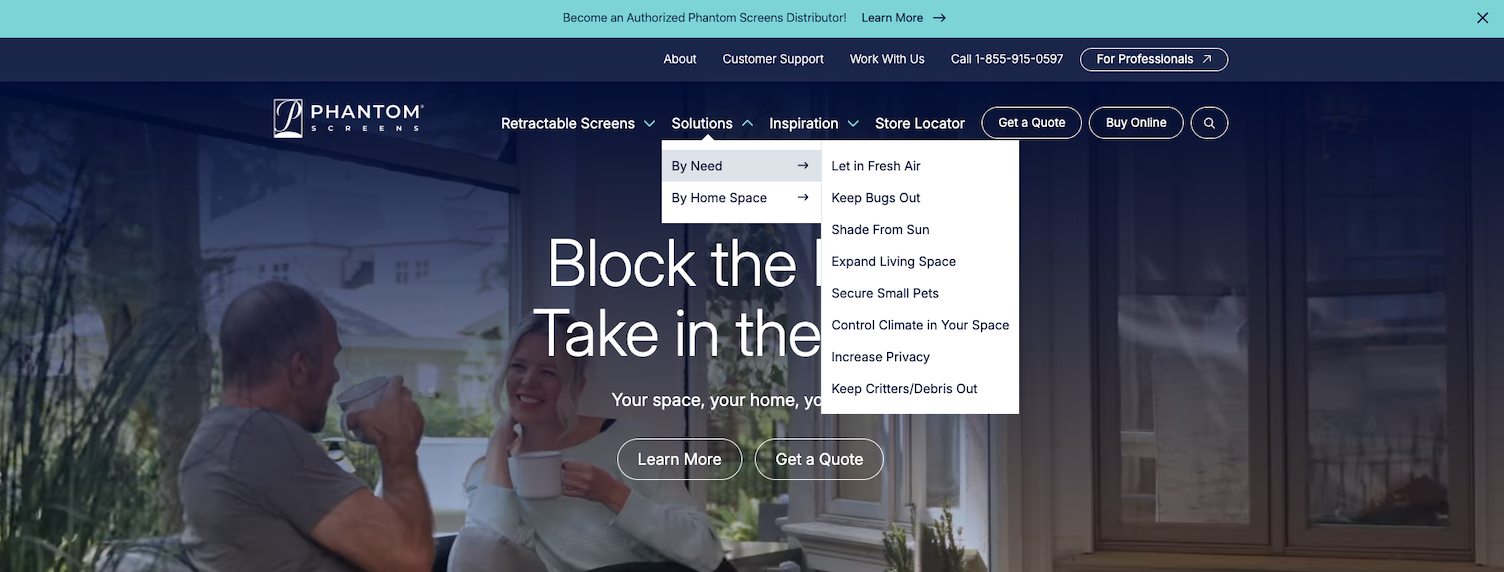 the phantom screens solutions sub-menu, which shows screens by need, such as "let in fresh air" or "keep bugs out." 