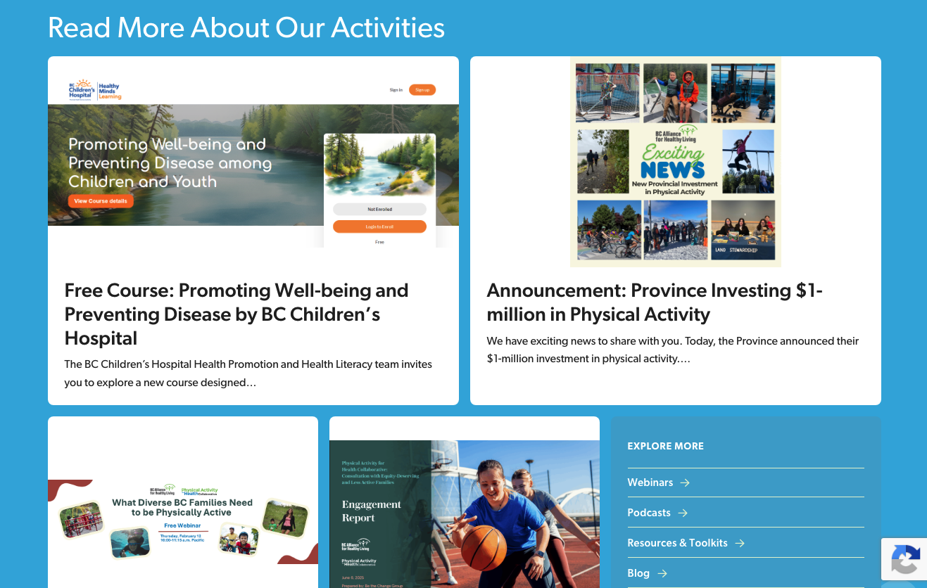 the BCAHL activities page promoting a variety of resources and exploration of content by type