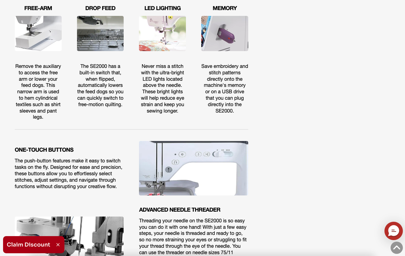 a grid of product features with photos and descriptions on the Brother site