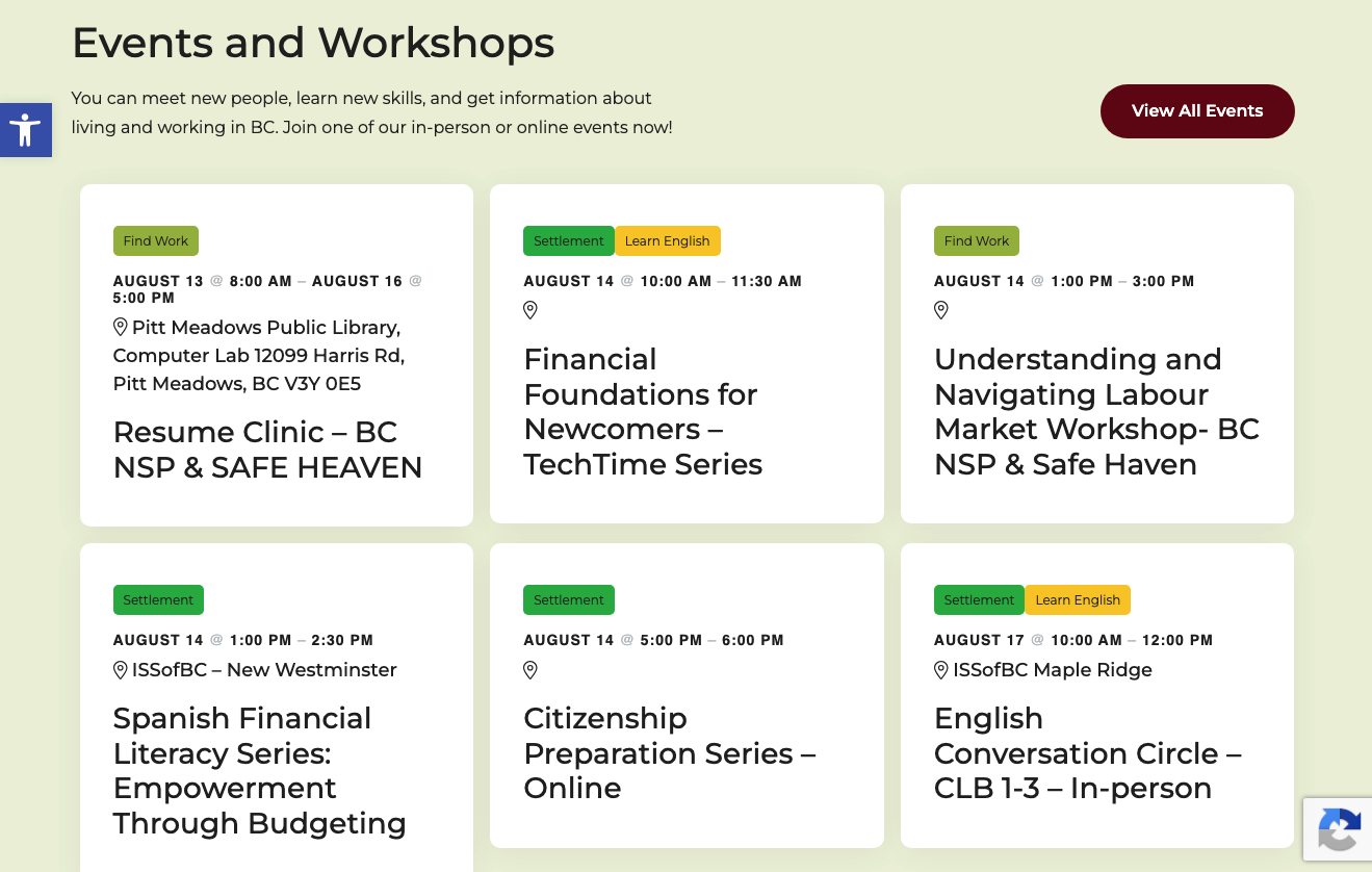 ISSofBC events & workshops page with clear categories on each event listing