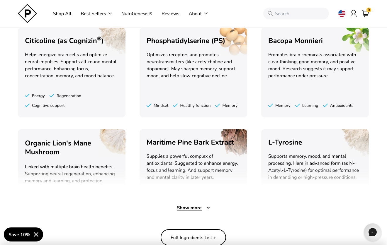mind labs page with a grid that breaks down what each ingredient does