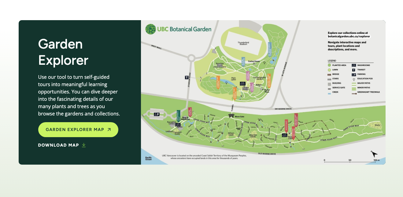 a homepage callout to the UBC botanical garden's interactive garden map