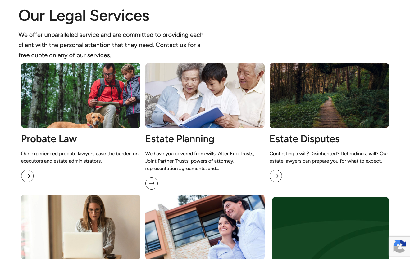 the grid of legal services on Westcoast Wills' homepage, with clear, short descriptions