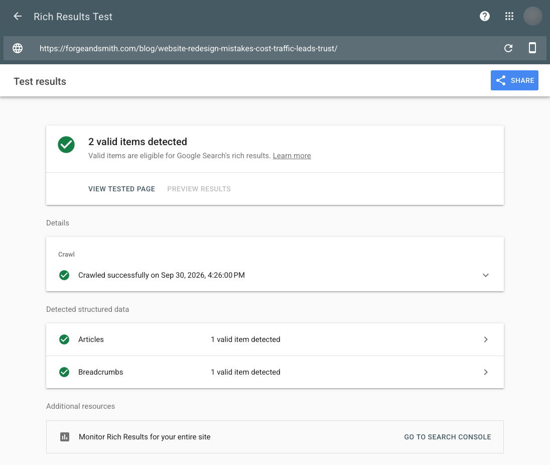Google Rich Results Test showing valid Organization and Article schema detected on a business website page