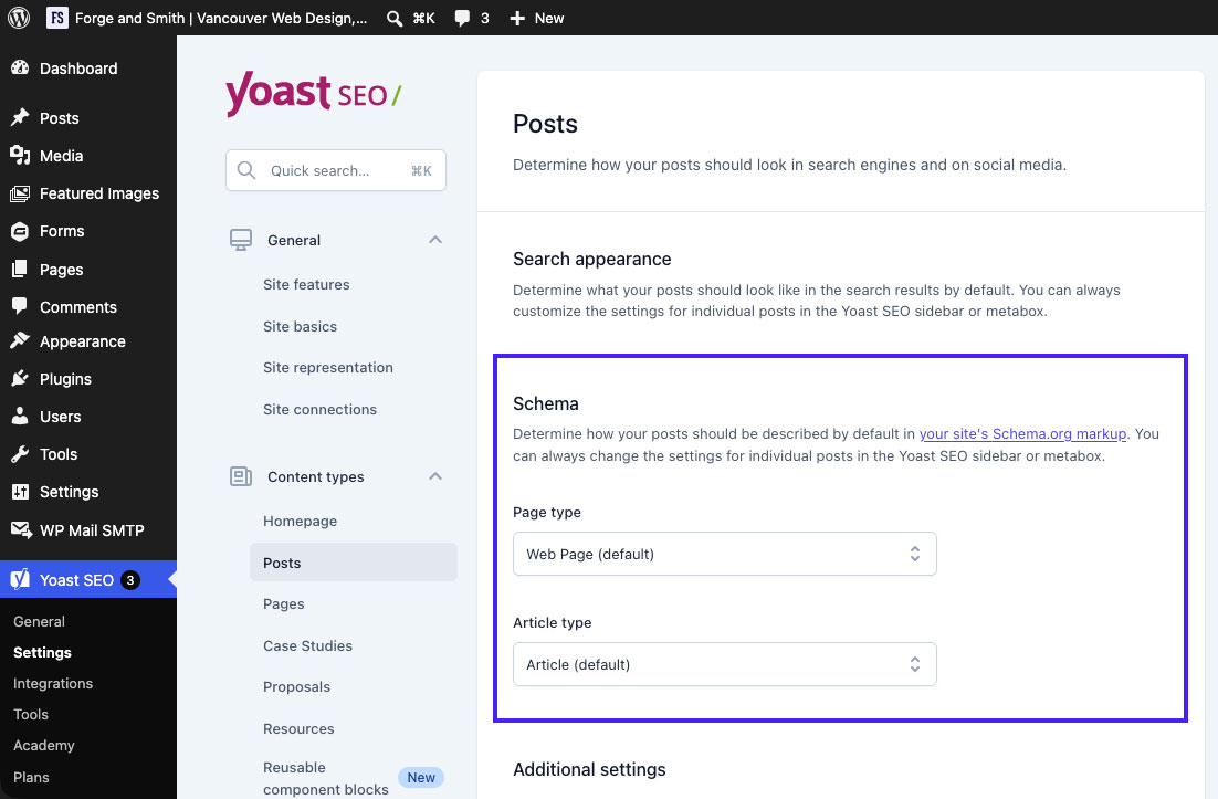 Yoast SEO Schema tab in WordPress showing automatically detected page type and article type settings